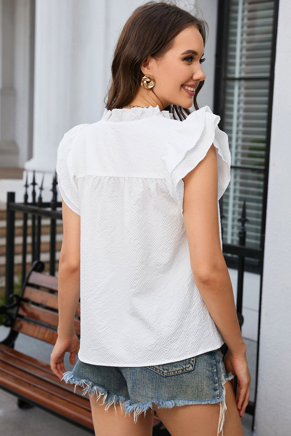 Eileen Ruffle Accent Flutter Sleeve Notch Neck Top - The Gold Cactus