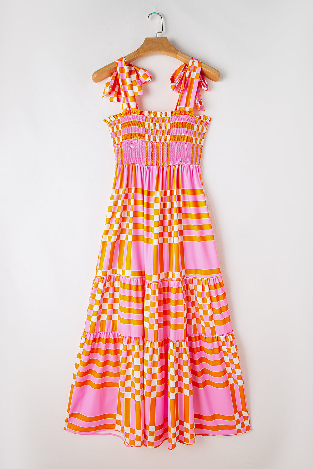 Elyse Boho Gingham Tied Straps Smocked Maxi Dress - Threaded Pear