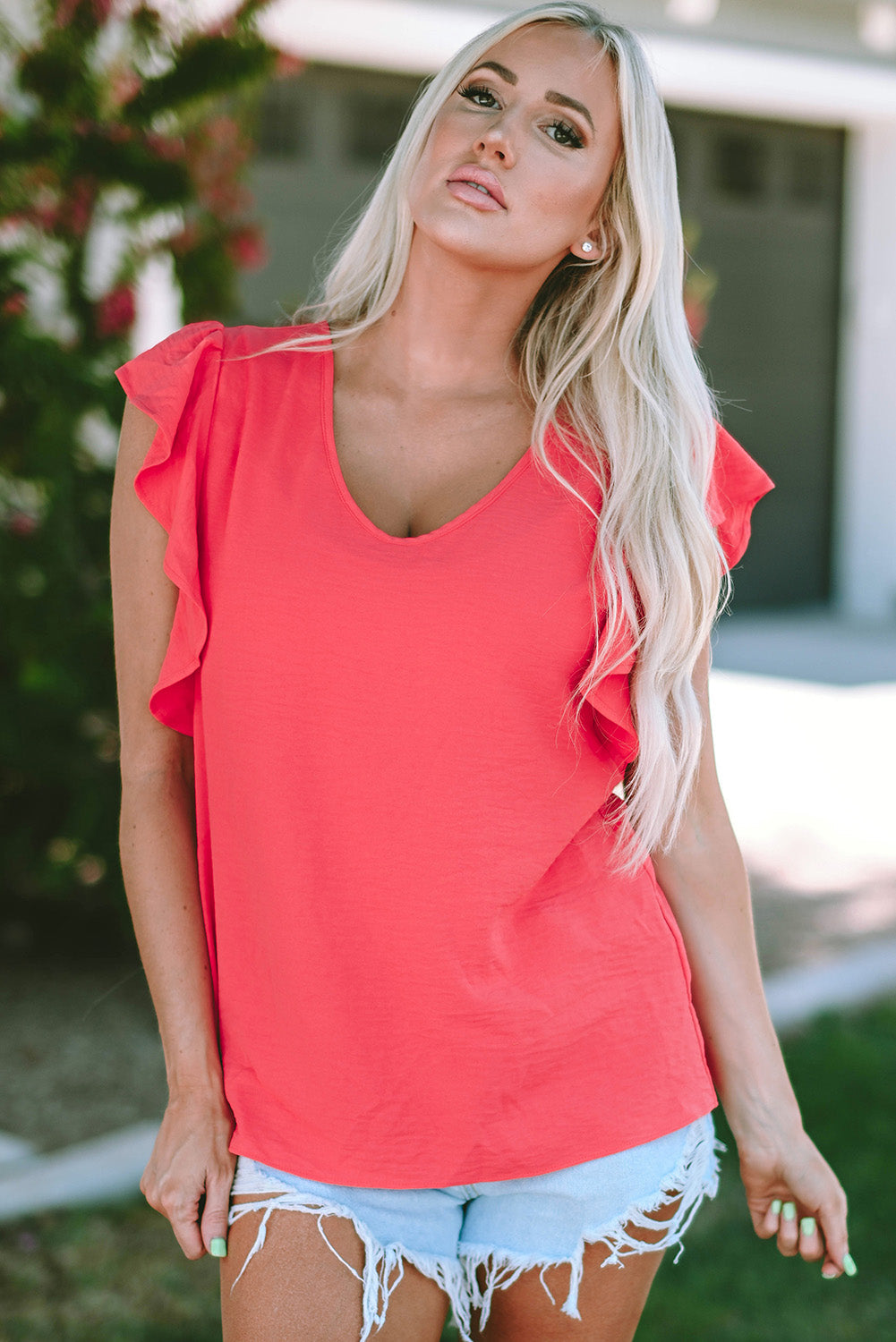 Janelle V Neck Ruffle Sleeve Loose Top - The Gold Cactus