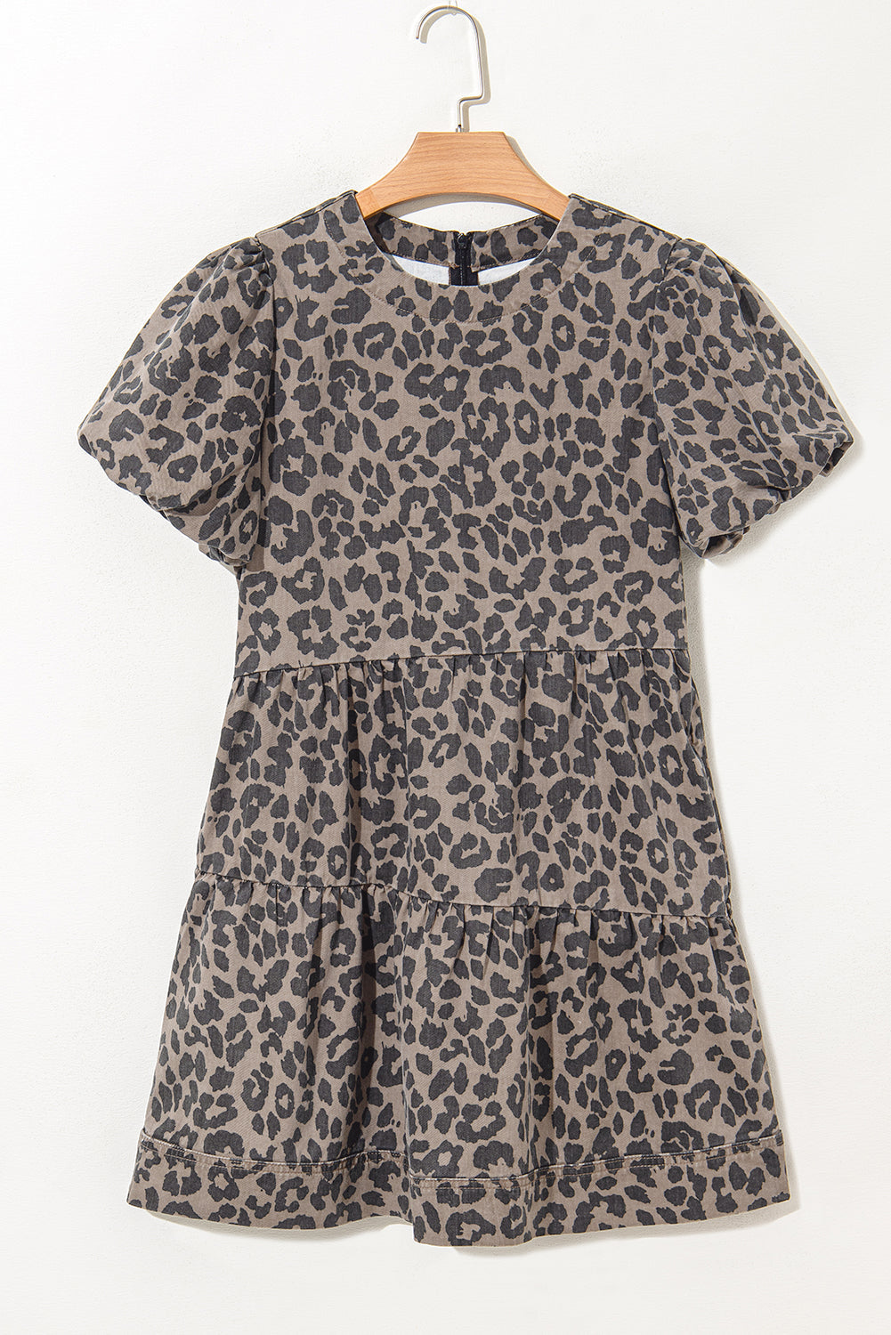 Zaylee Denim Leopard Short Puff Sleeve Mini Dress - Threaded Pear