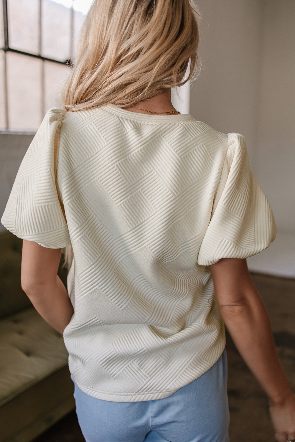 Aliya Textured Puff Sleeve Top - Threaded Pear