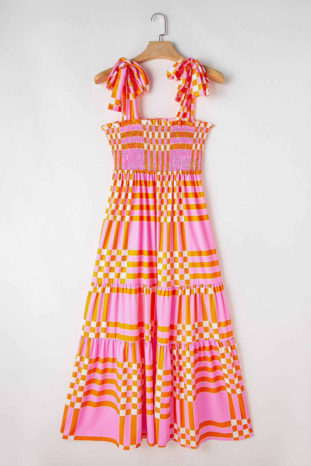 Elyse Boho Gingham Tied Straps Smocked Maxi Dress - Threaded Pear