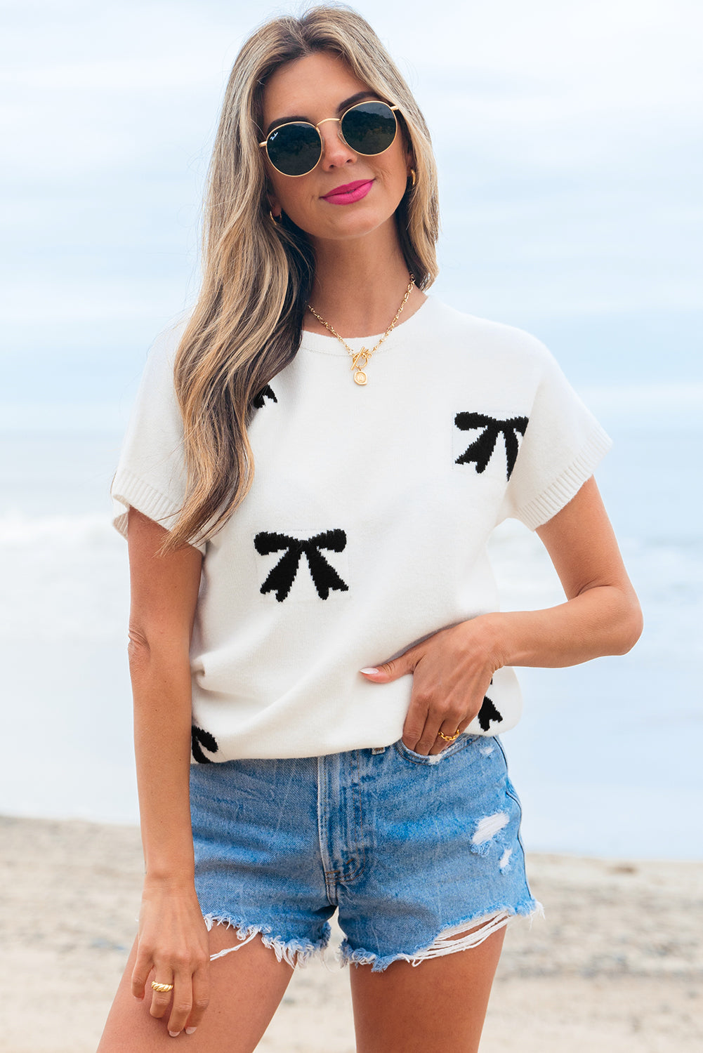 Kya Bow Pattern Knit Short Sleeve Sweater - Threaded Pear