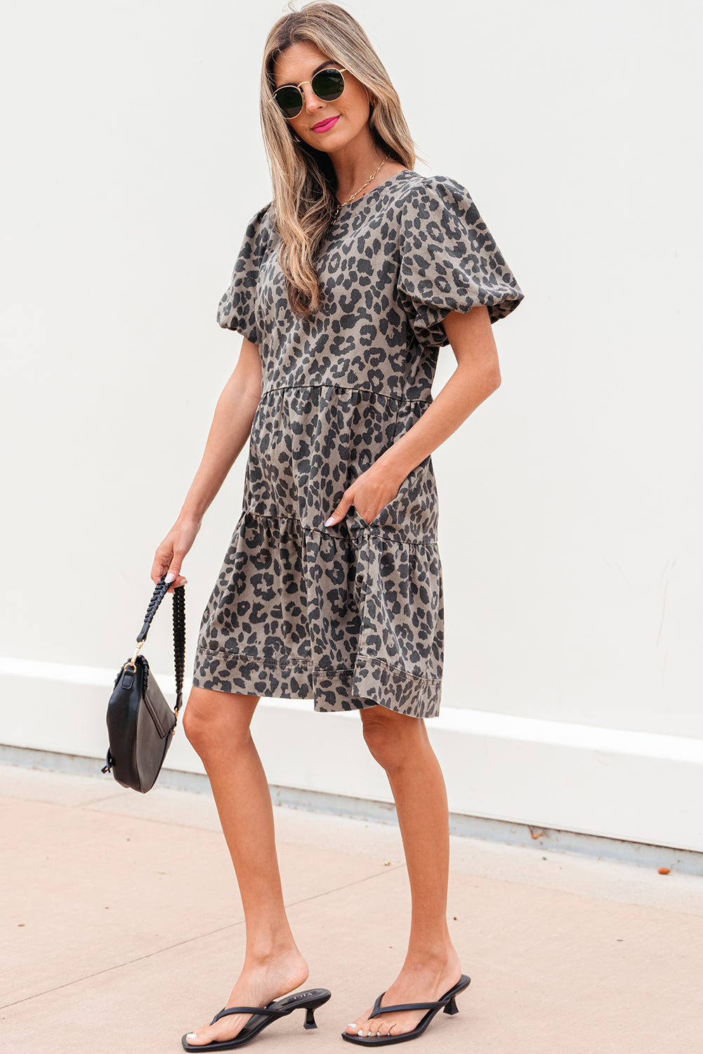 Zaylee Denim Leopard Short Puff Sleeve Mini Dress - Threaded Pear