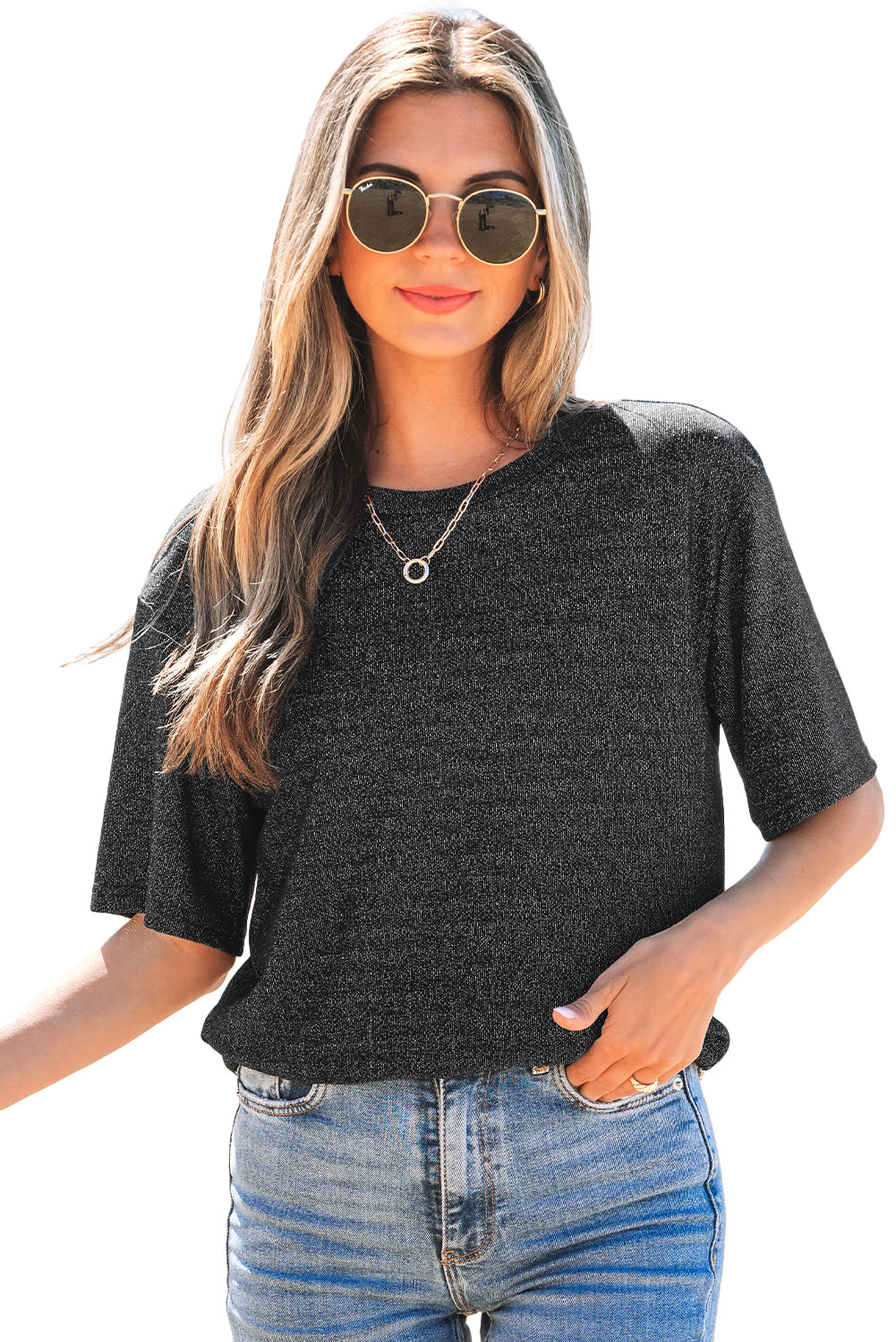 Kathryn Bow Decor Glittery Short Sleeve Top - Threaded Pear