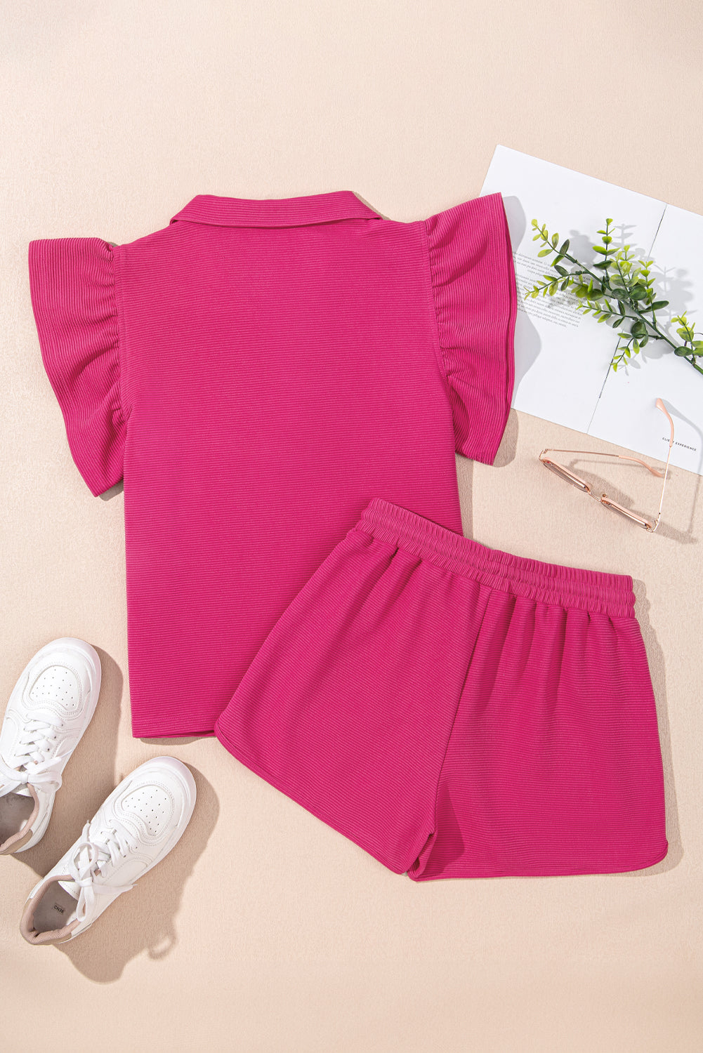 Sol Striped Detail Flutter Sleeve Zipped Collar Short Set - Threaded Pear