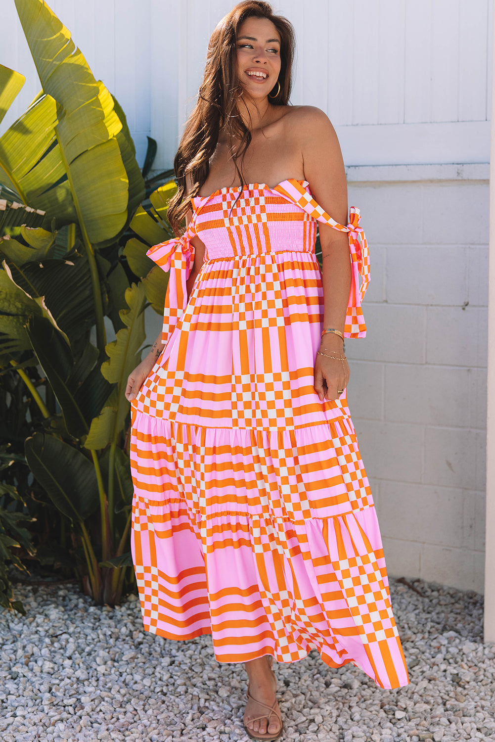 Elyse Boho Gingham Tied Straps Smocked Maxi Dress - Threaded Pear