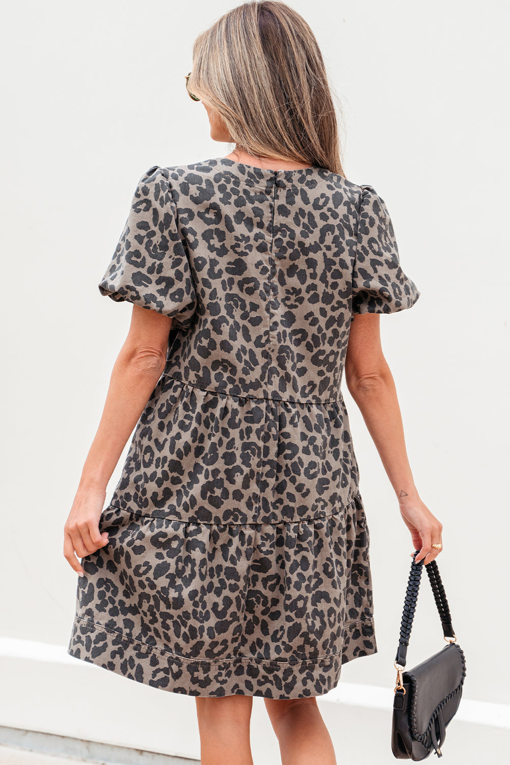 Zaylee Denim Leopard Short Puff Sleeve Mini Dress - Threaded Pear