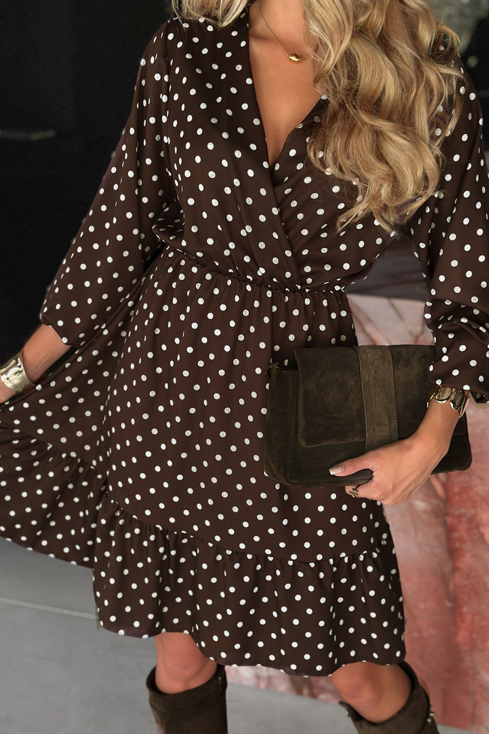 Kennedy Coffee Polka Dot Long Sleeve Mini Dress