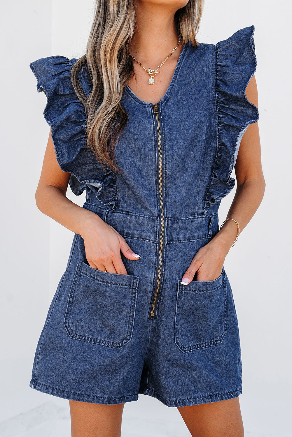 Amora Denim Ruffled Zipped Front Belted Romper