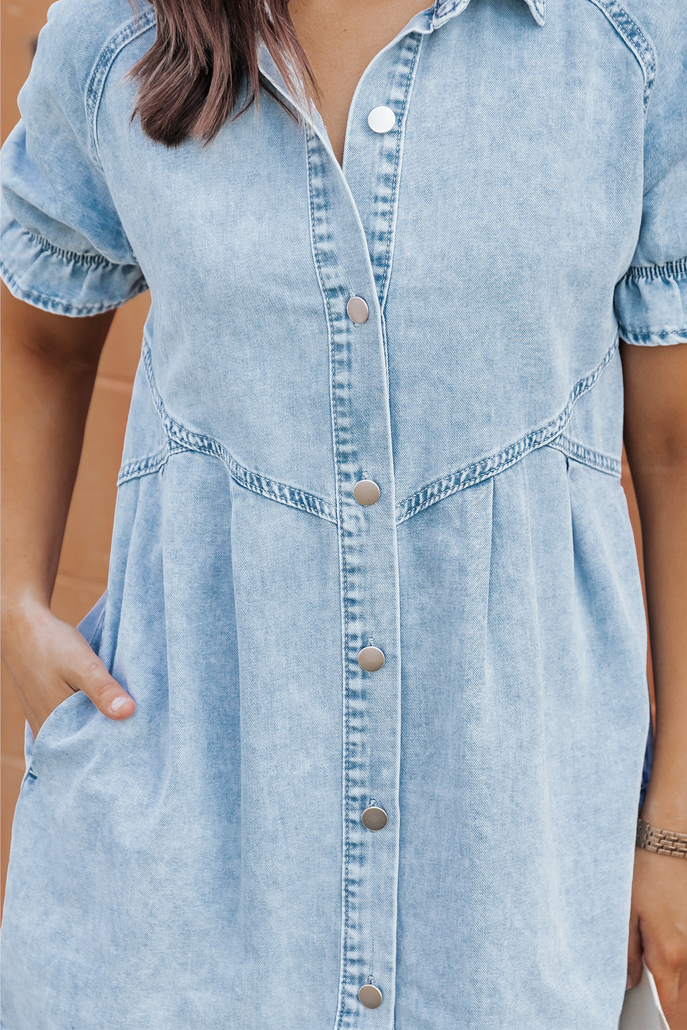 Kimber Ruffled Short Sleeve Buttoned Denim Dress - Threaded Pear