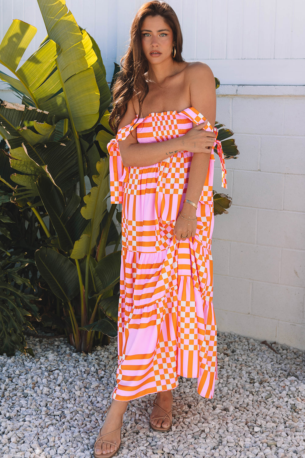 Elyse Boho Gingham Tied Straps Smocked Maxi Dress - Threaded Pear