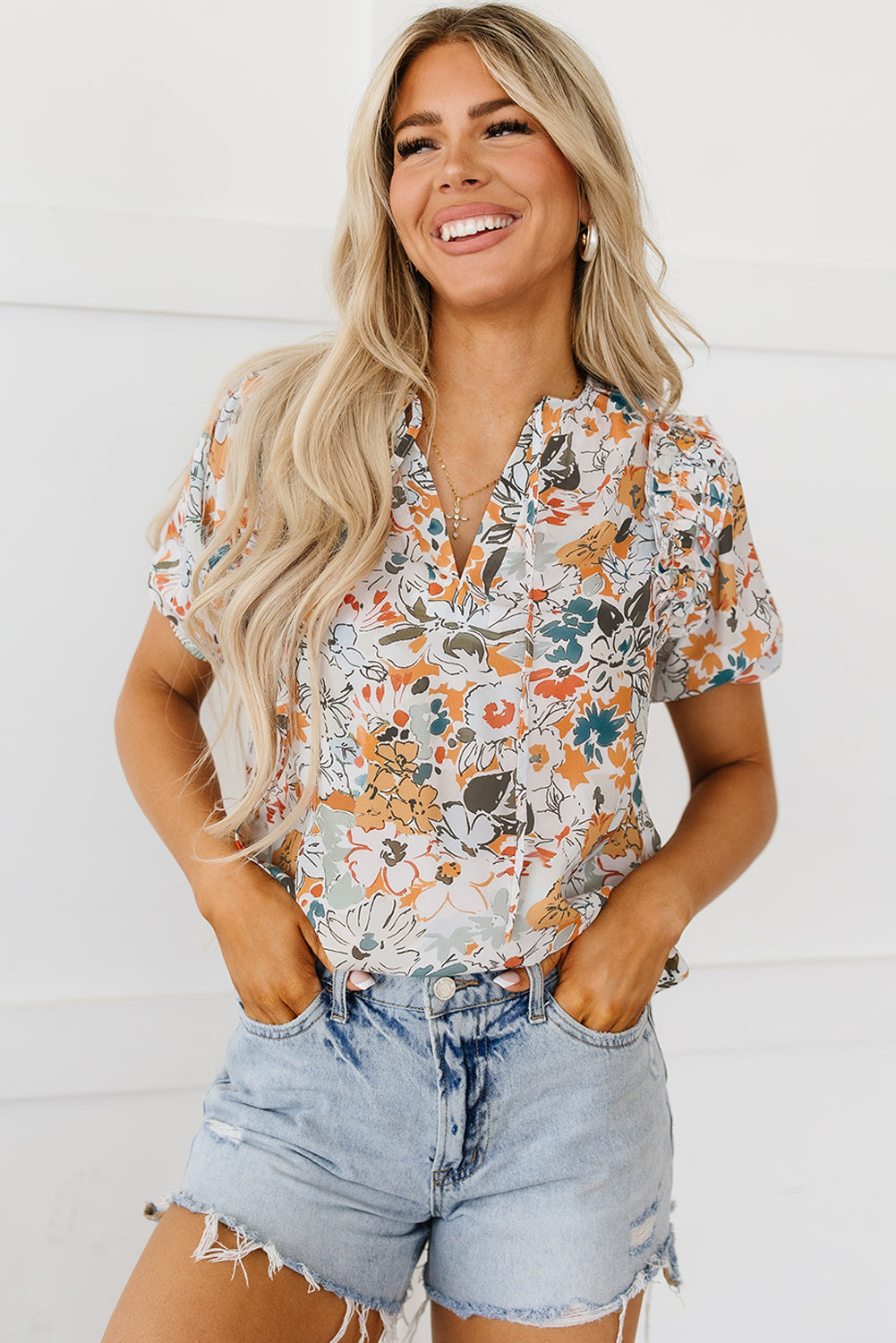 Milena Split V Neck Puff Sleeve Flower Print Blouse - Threaded Pear