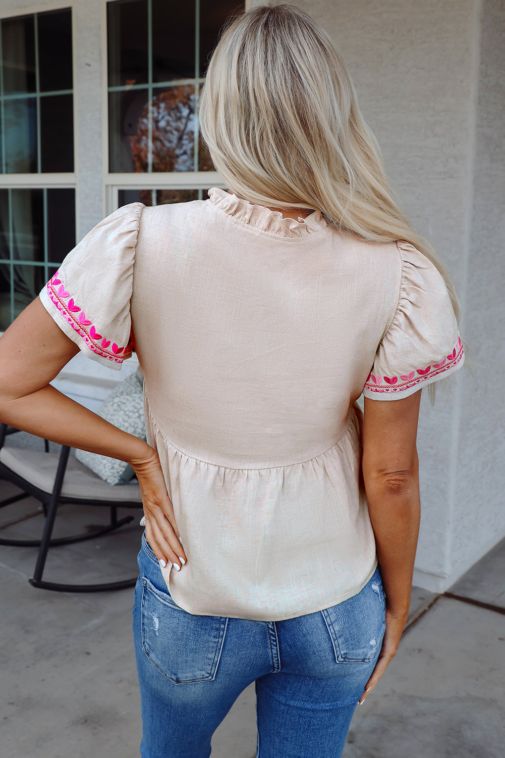 Jaliyah Floral Embroidered Notched V Neck Blouse - Threaded Pear
