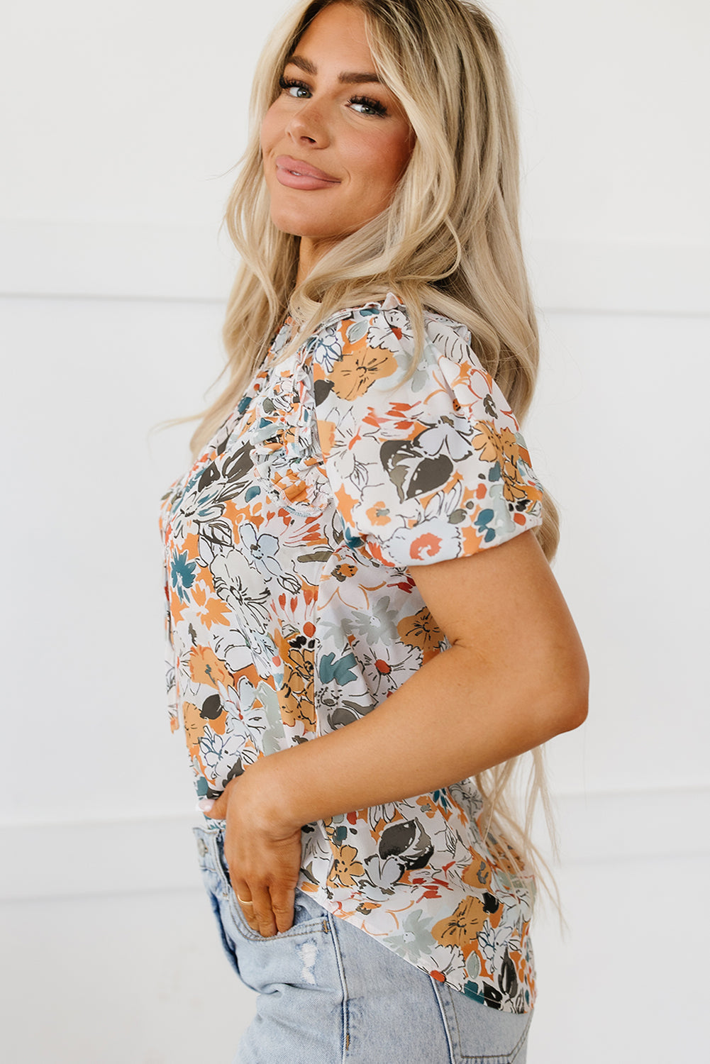 Milena Split V Neck Puff Sleeve Flower Print Blouse - Threaded Pear