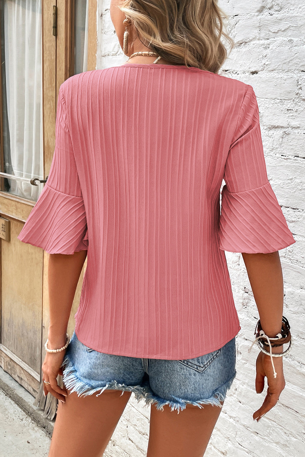 Capri Ruffled Half Sleeve V Neck Textured Top