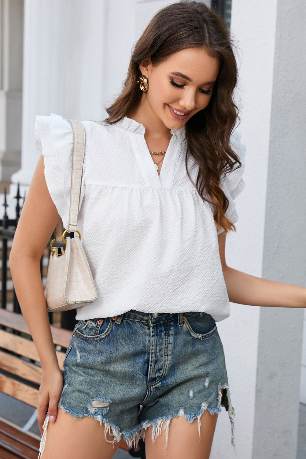 Eileen Ruffle Accent Flutter Sleeve Notch Neck Top - The Gold Cactus