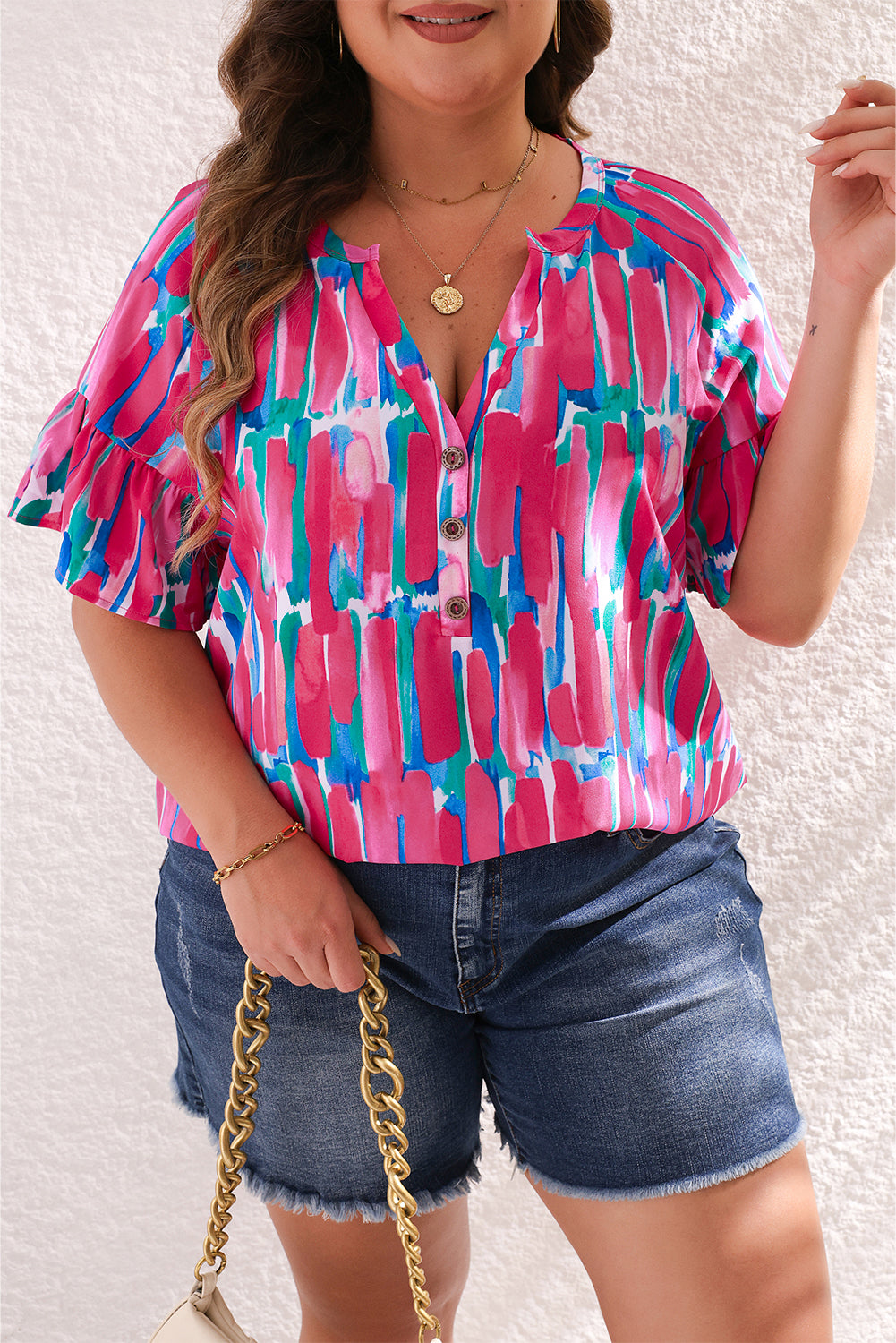 Lisa Plus Brushstroke Ruffle Sleeve Button V Neck Blouse