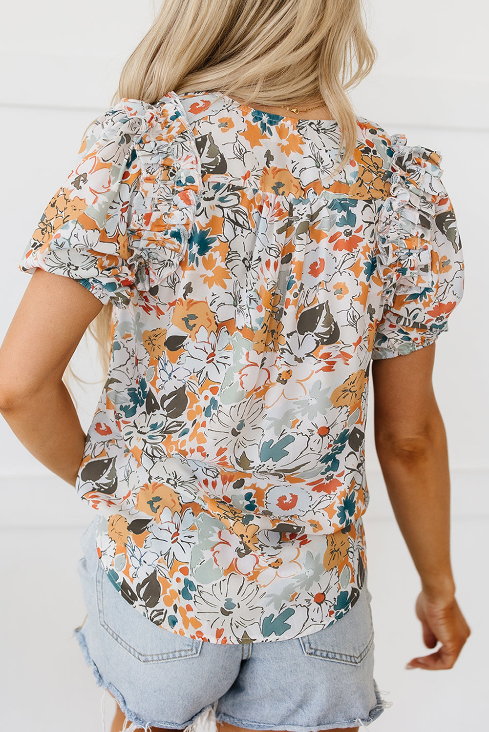 Milena Split V Neck Puff Sleeve Flower Print Blouse - Threaded Pear