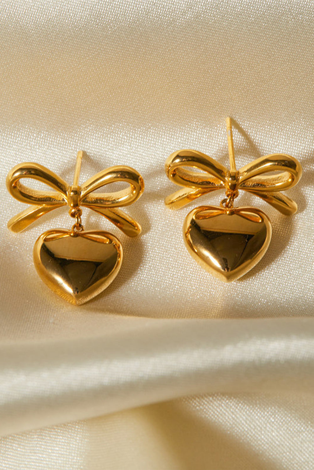 Gold Heart and Bow Studded Earrings - Threaded Pear