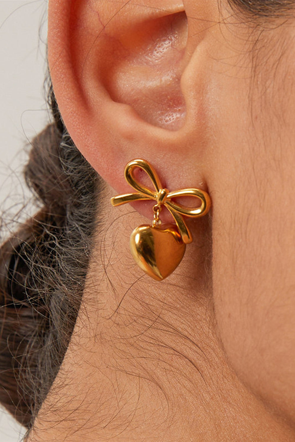 Gold Heart and Bow Studded Earrings - Threaded Pear