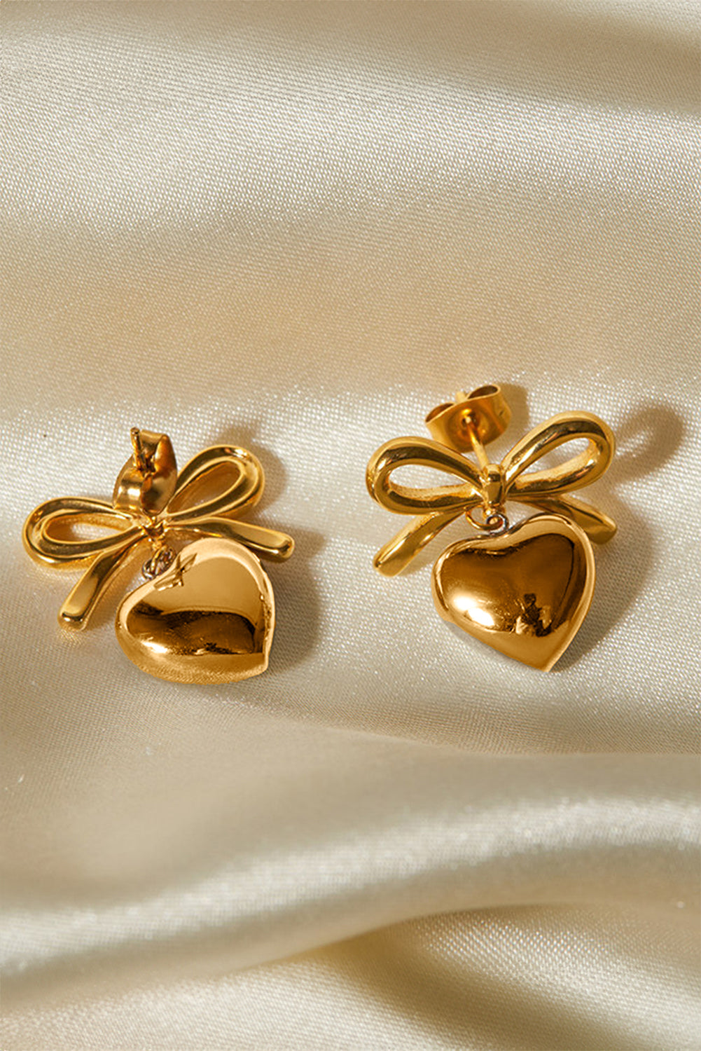 Gold Heart and Bow Studded Earrings - Threaded Pear