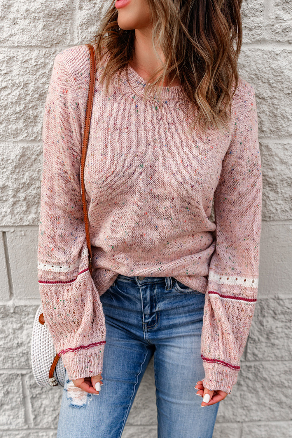 Noelle Detail Patterned Sleeve Sweater - Threaded Pear
