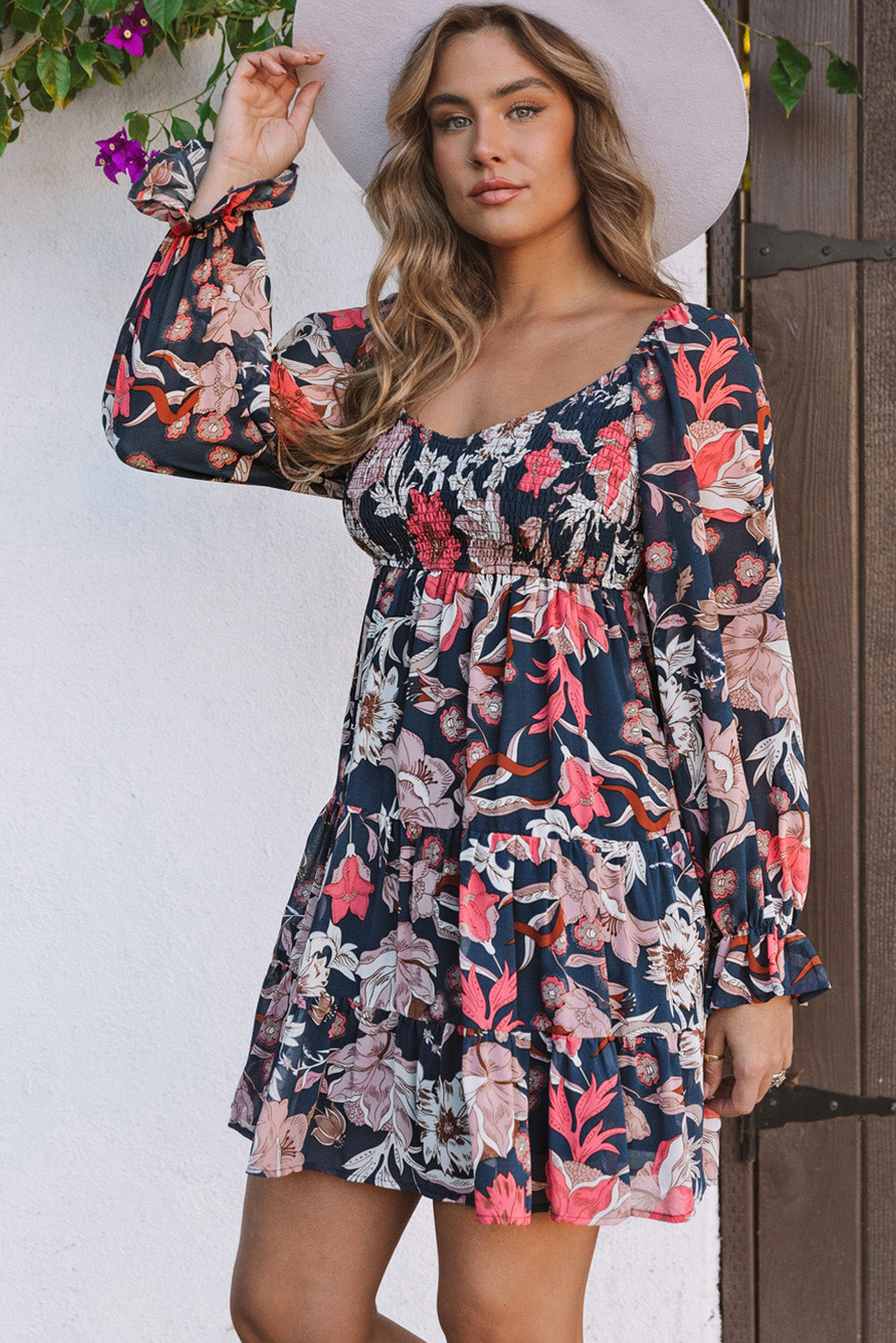 Tessa Floral Tiered Long Puff Sleeve Mini Dress - Threaded Pear