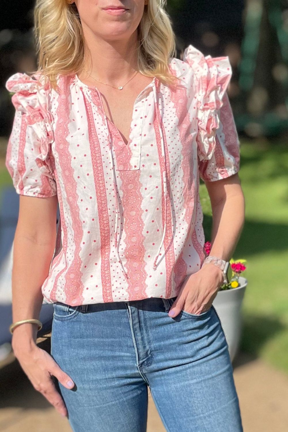 Kelsey Frilled Short Puff Sleeve Mixed Print Blouse