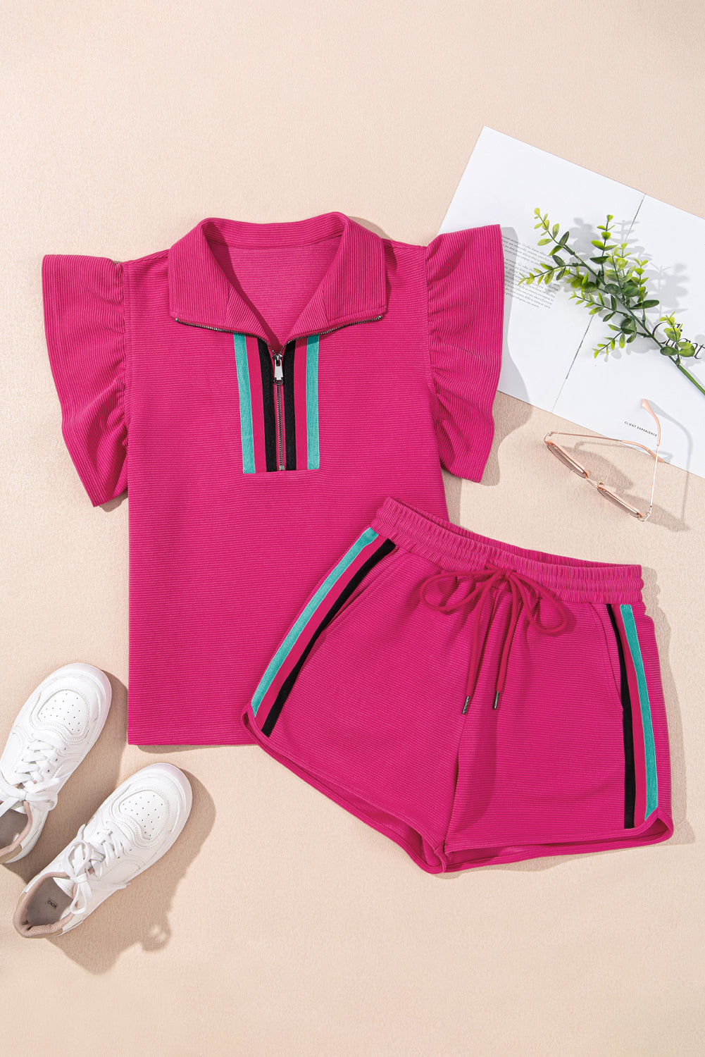 Sol Striped Detail Flutter Sleeve Zipped Collar Short Set - Threaded Pear