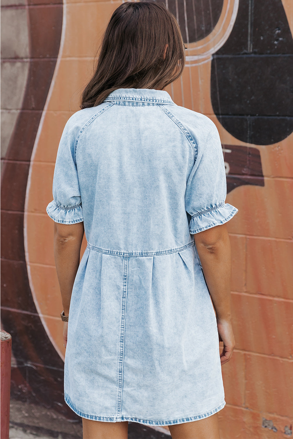Kimber Ruffled Short Sleeve Buttoned Denim Dress - Threaded Pear