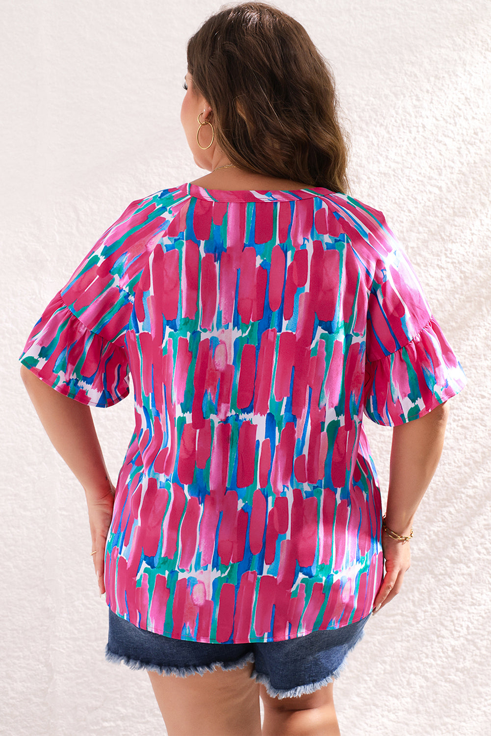 Lisa Plus Brushstroke Ruffle Sleeve Button V Neck Blouse