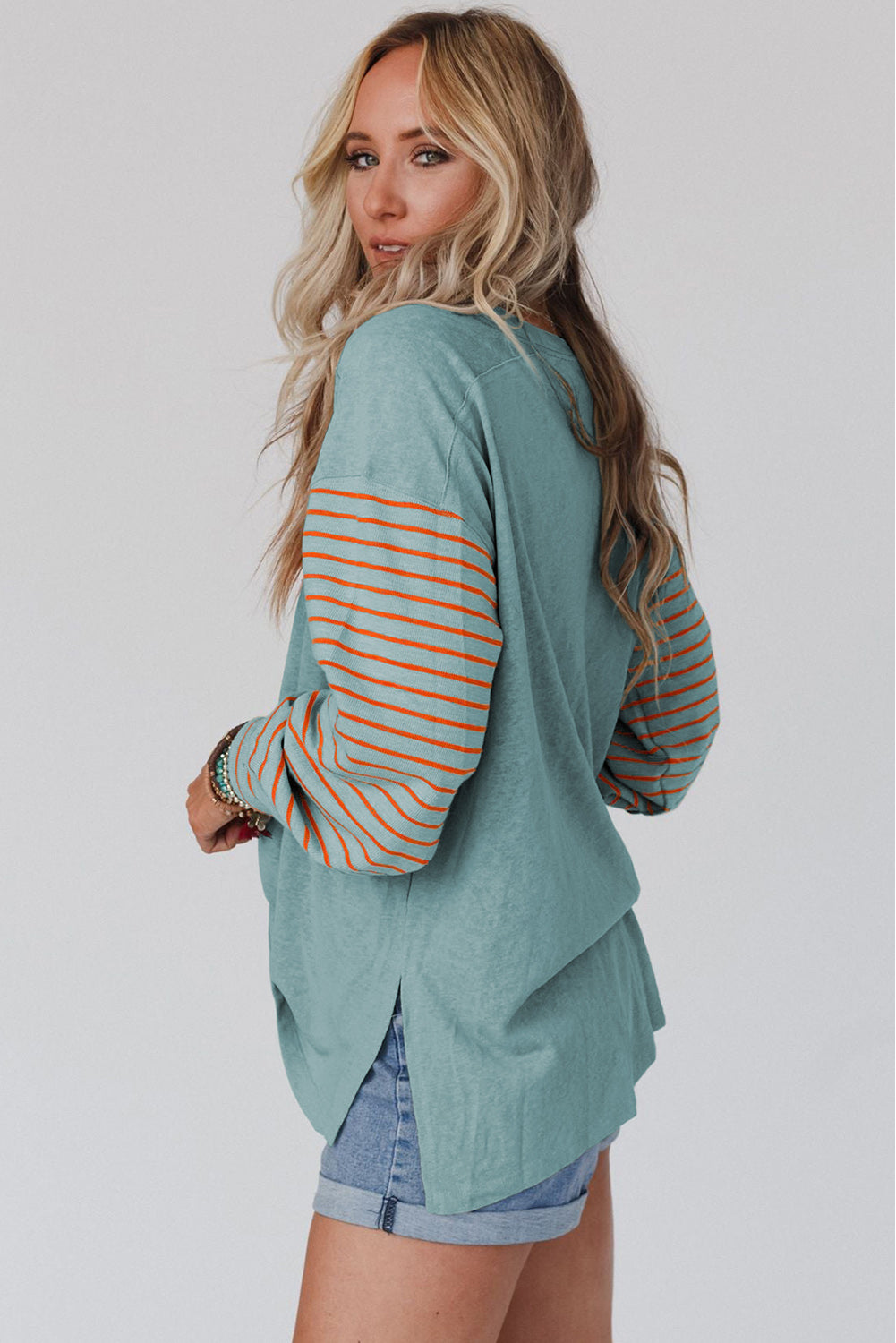 Emma Striped Bishop Sleeve Top - Threaded Pear