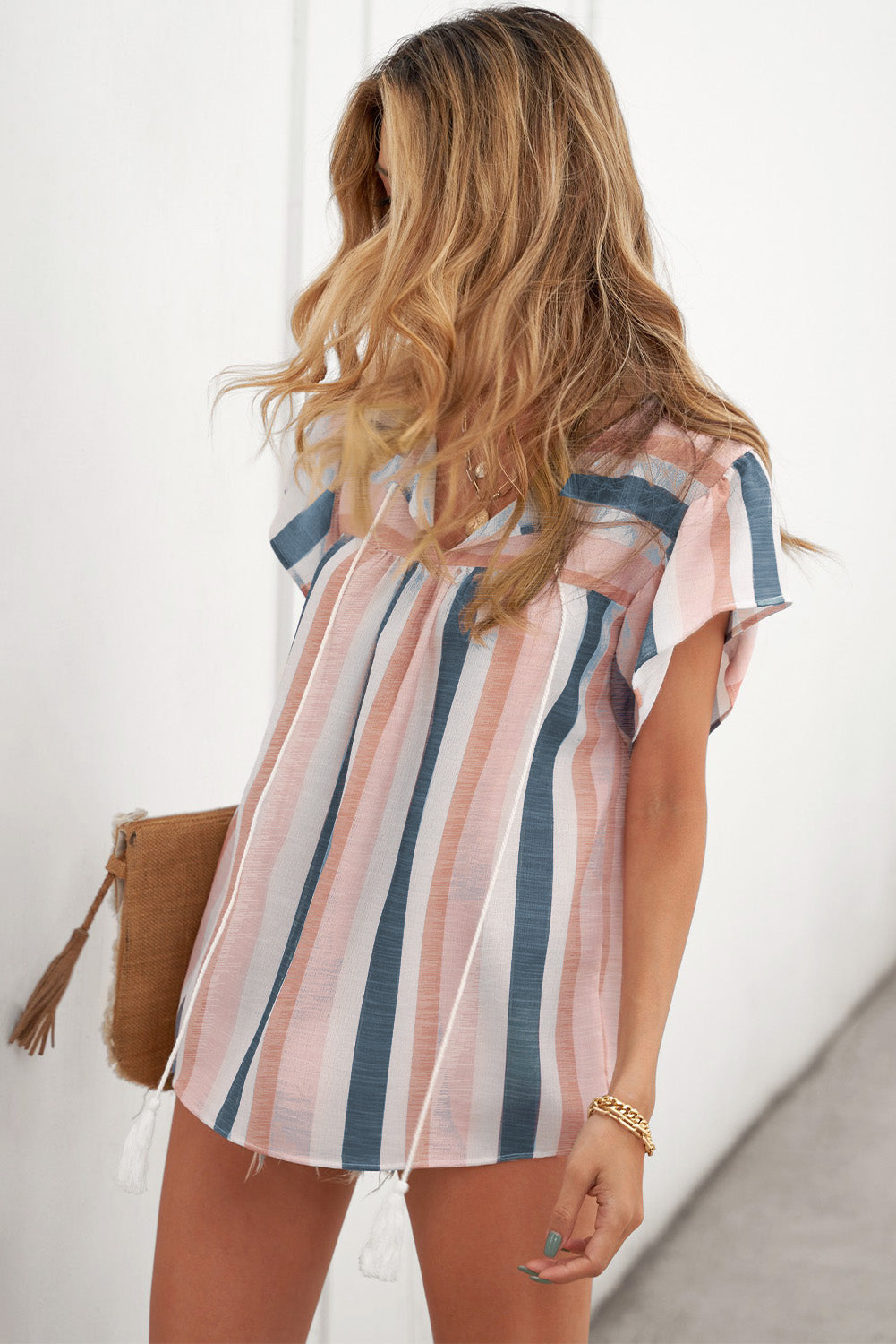 Arlette Split Neck Pleated Ruffled Short Sleeves Top - Threaded Pear
