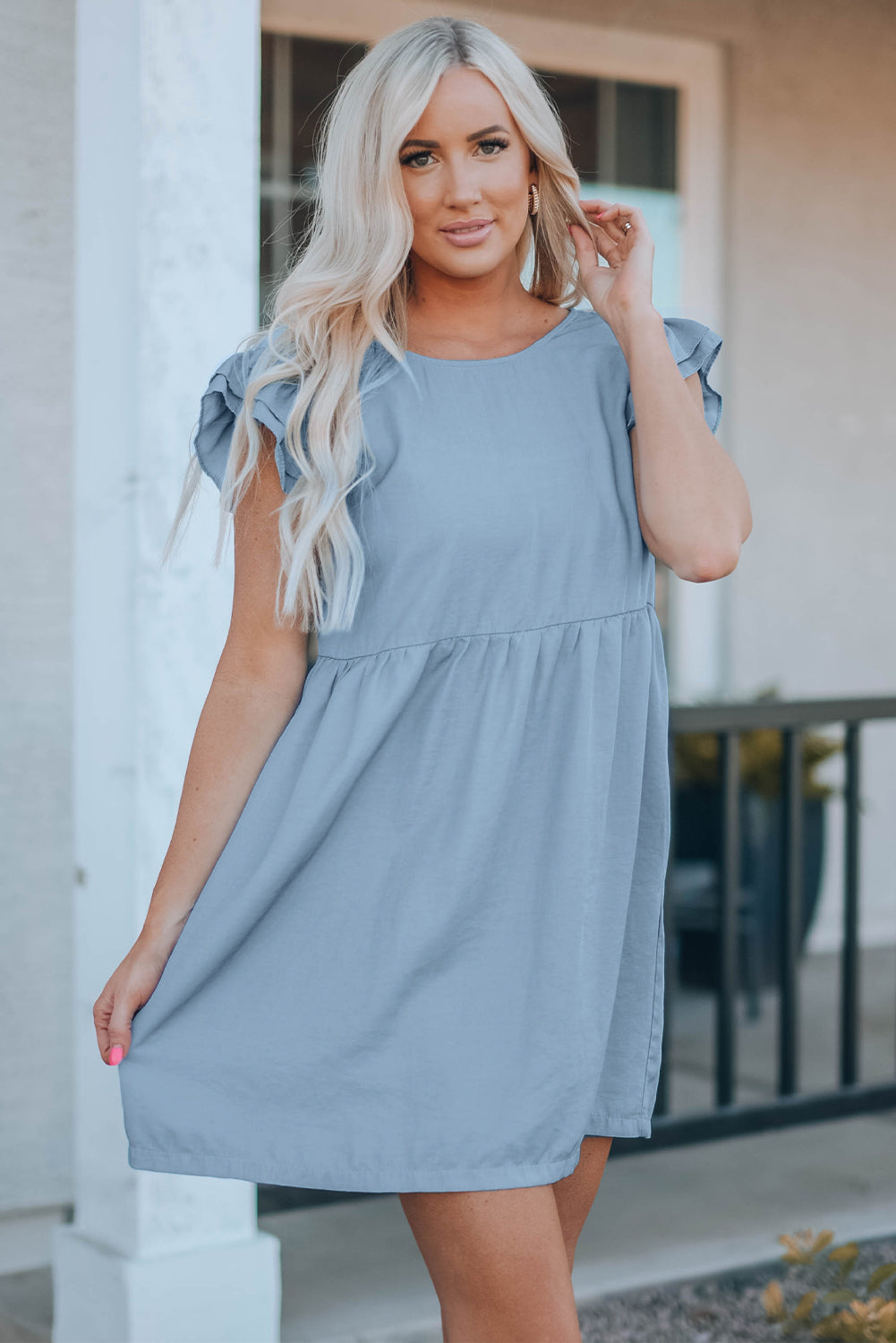 Ellis Flutter Sleeve Ruched Denim Casual Dress - Threaded Pear
