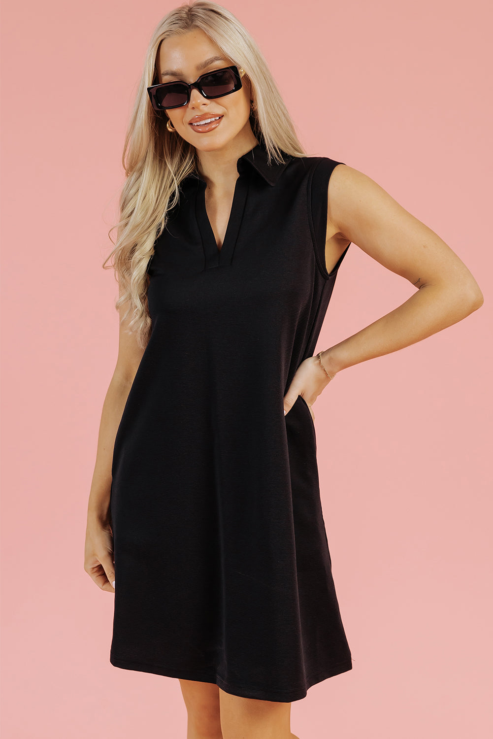 Kyla Collared Slit Neck Sleeveless Mini Dress - Threaded Pear