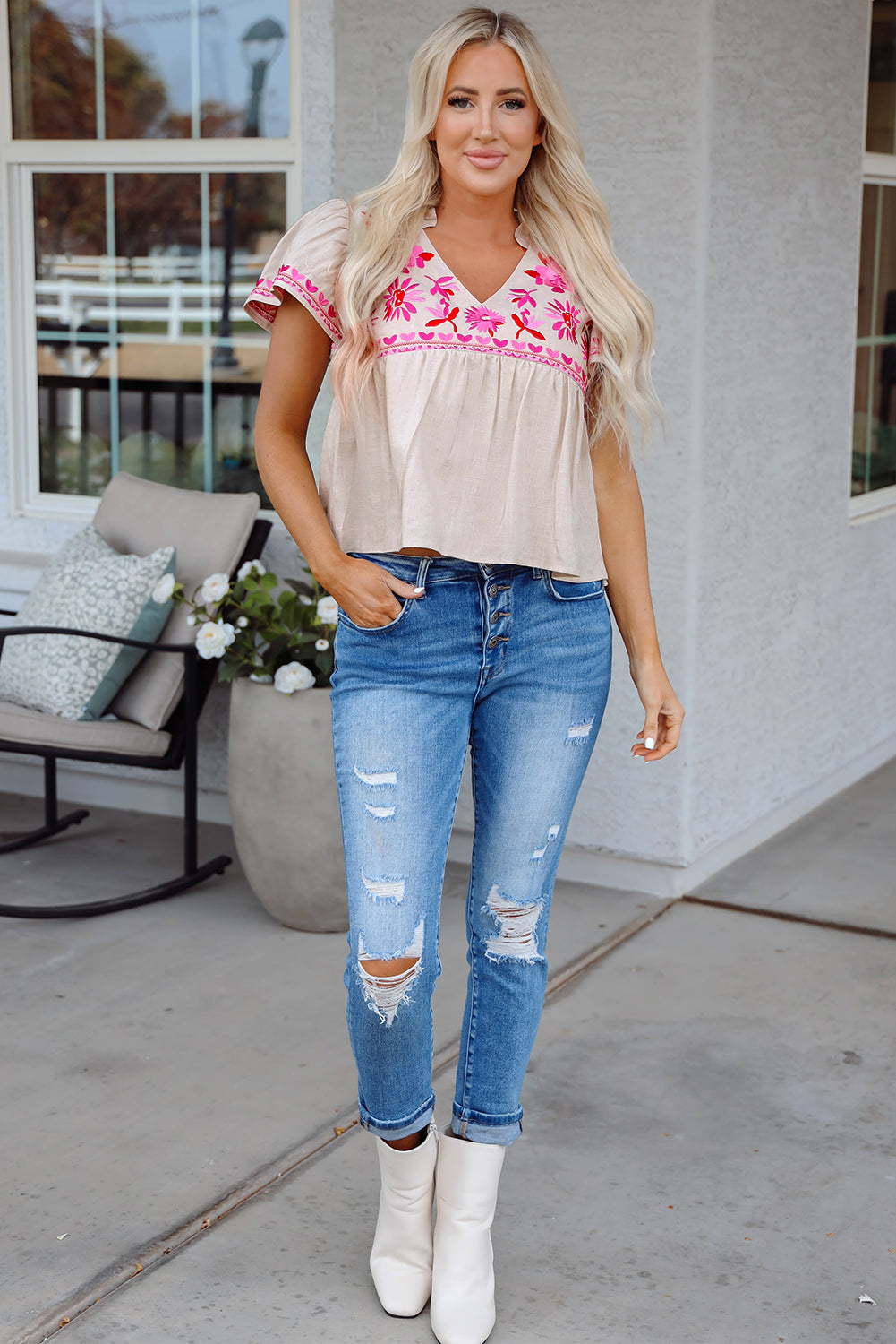 Jaliyah Floral Embroidered Notched V Neck Blouse - Threaded Pear