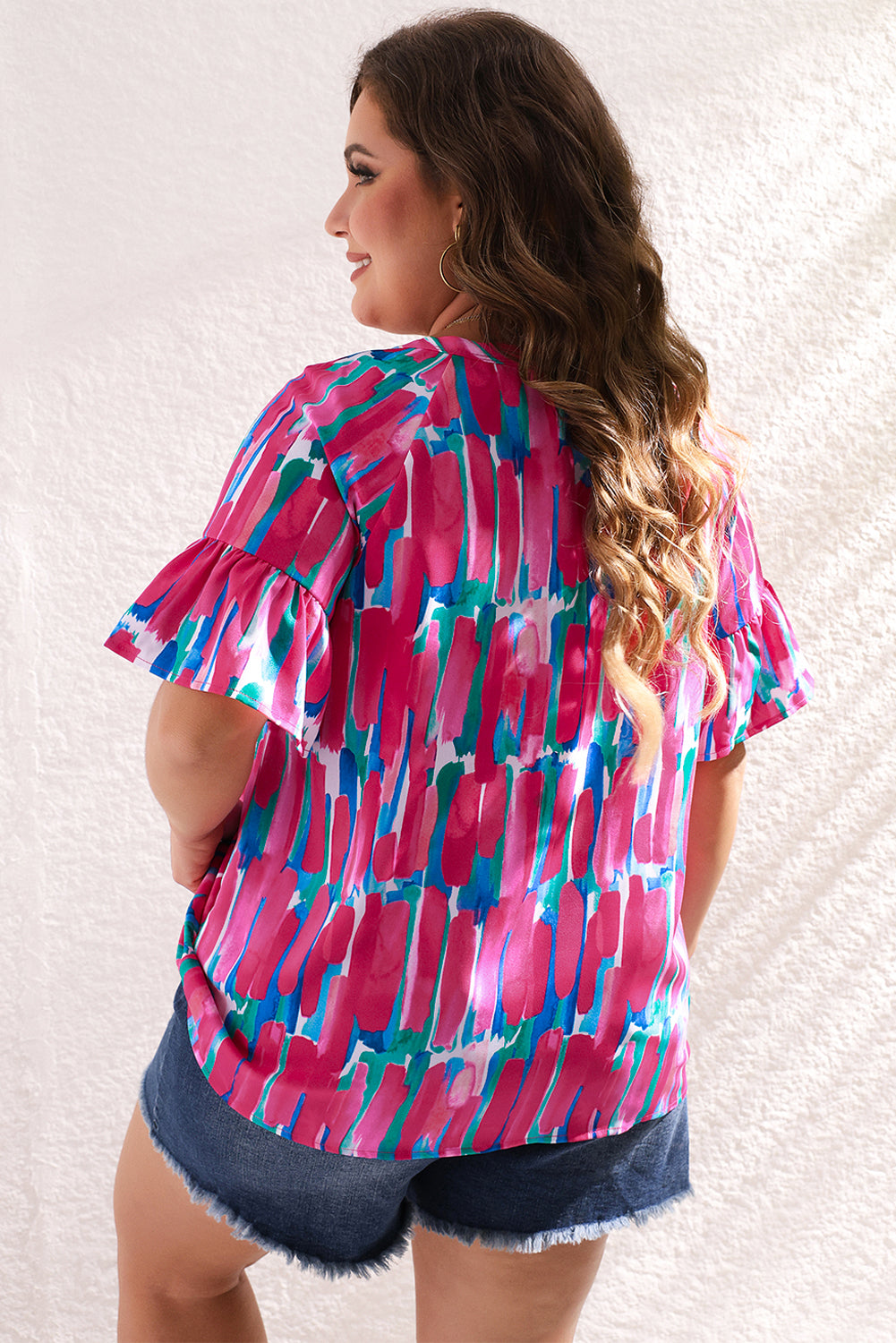 Lisa Plus Brushstroke Ruffle Sleeve Button V Neck Blouse