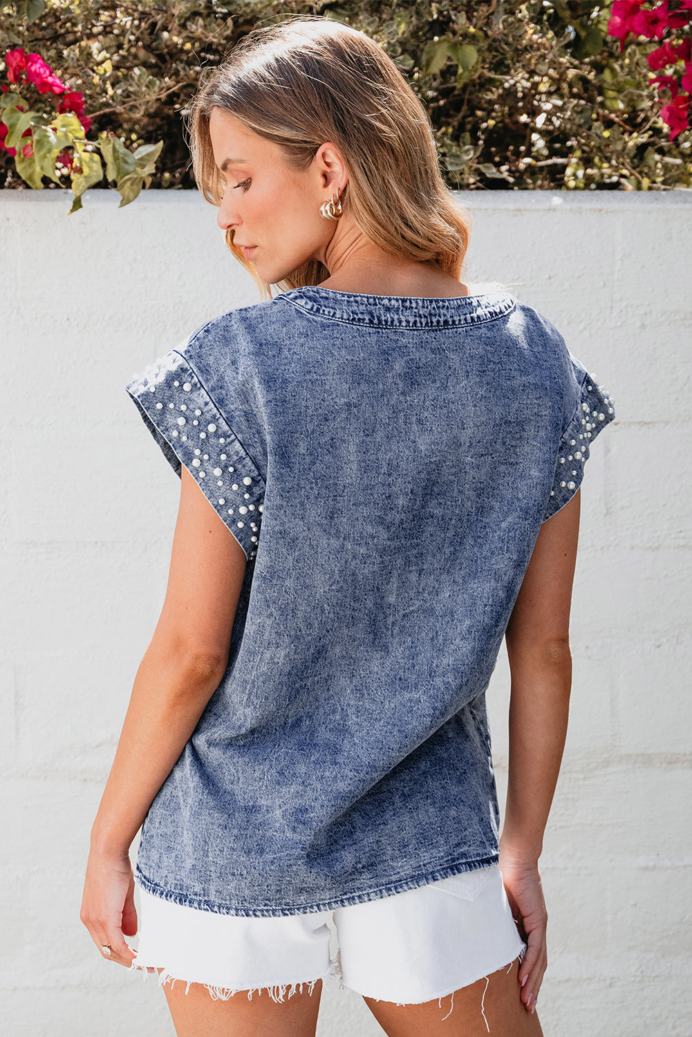 Kelly Acid Wash Pearl Embellishments Denim Top - Threaded Pear
