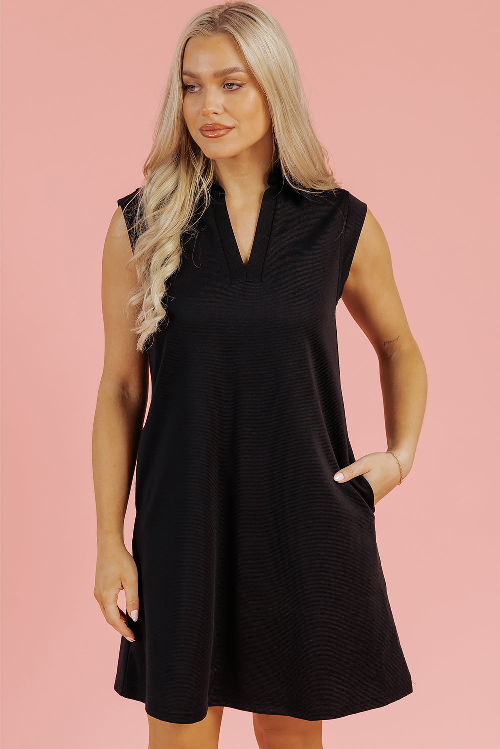 Kyla Collared Slit Neck Sleeveless Mini Dress - Threaded Pear