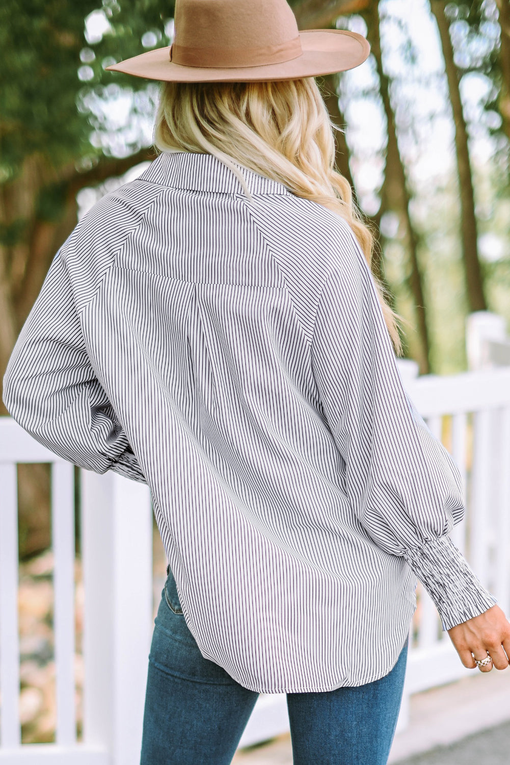 Skye Smocked Cuffed Striped Shirt - The Gold Cactus