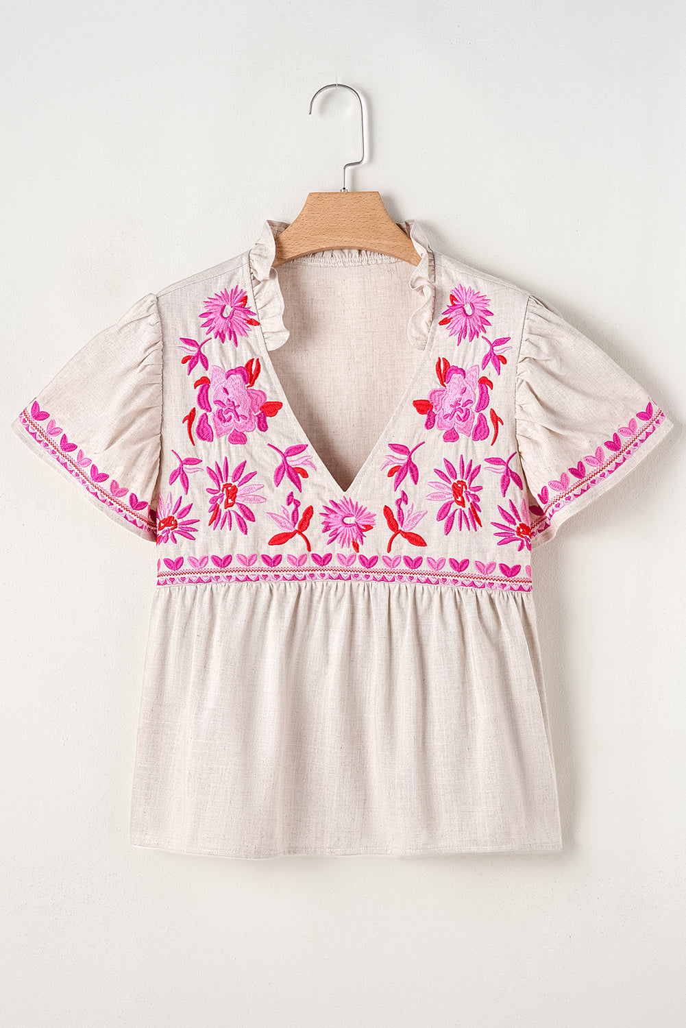 Jaliyah Floral Embroidered Notched V Neck Blouse - Threaded Pear