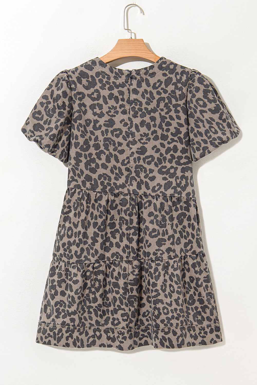 Zaylee Denim Leopard Short Puff Sleeve Mini Dress - Threaded Pear