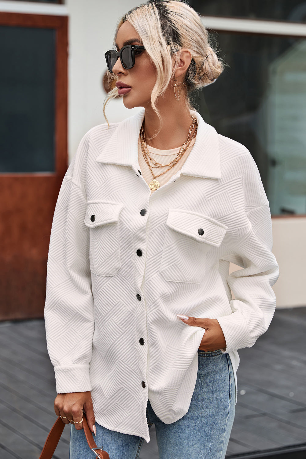 Rosalie Textured Flap Pocket Buttoned Shacket - Gold Cactus