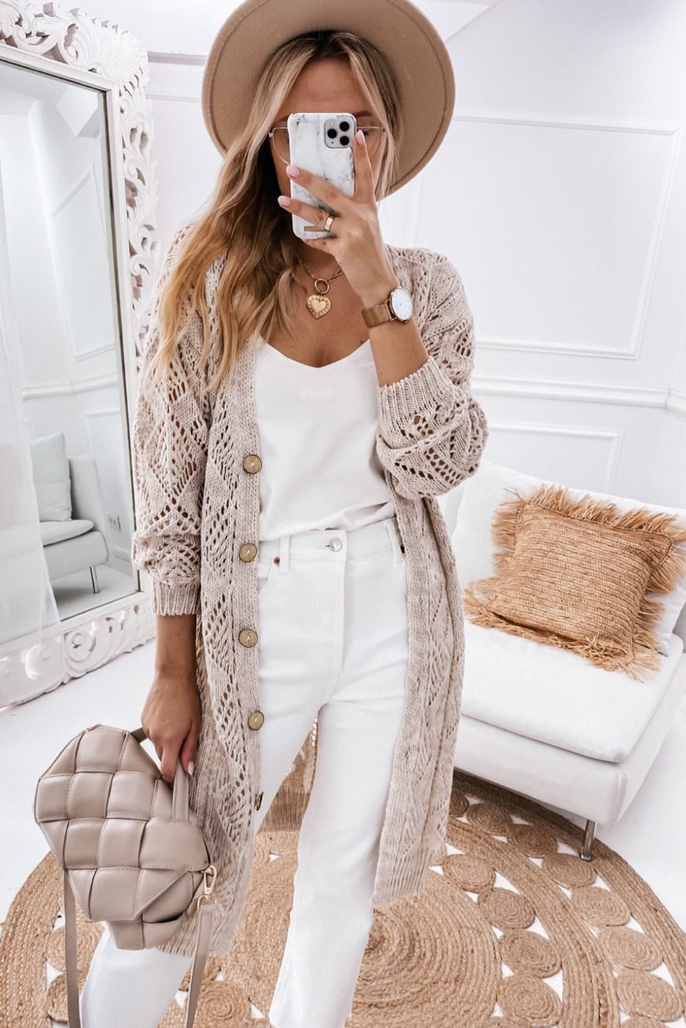 Mckenzie Hollow-out Openwork Knit Cardigan - Gold Cactus
