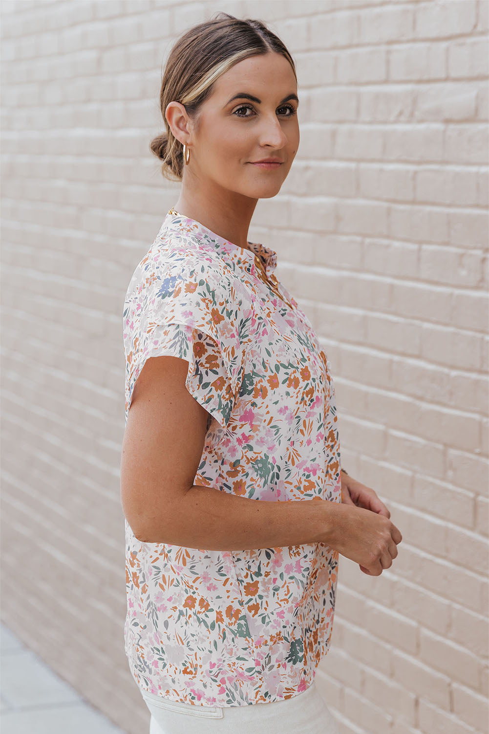 Lilian Floral Mandarin Collar Top - The Gold Cactus