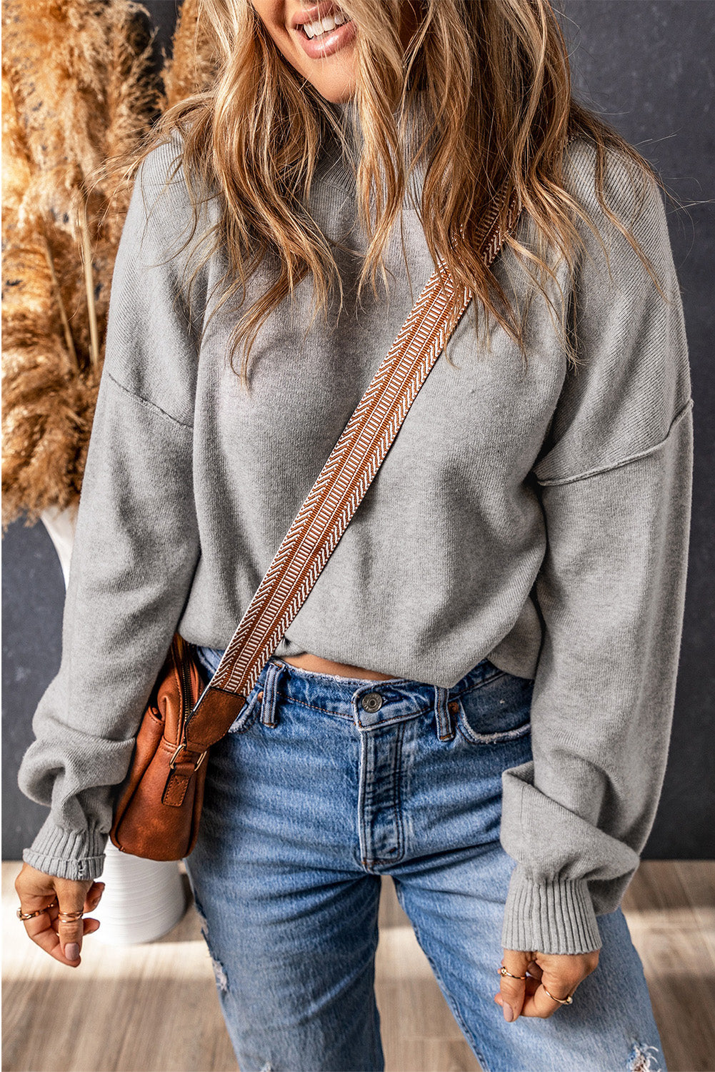Brielle Turtleneck Drop Shoulder Bubble Sleeve Knit Sweater - Gold Cactus