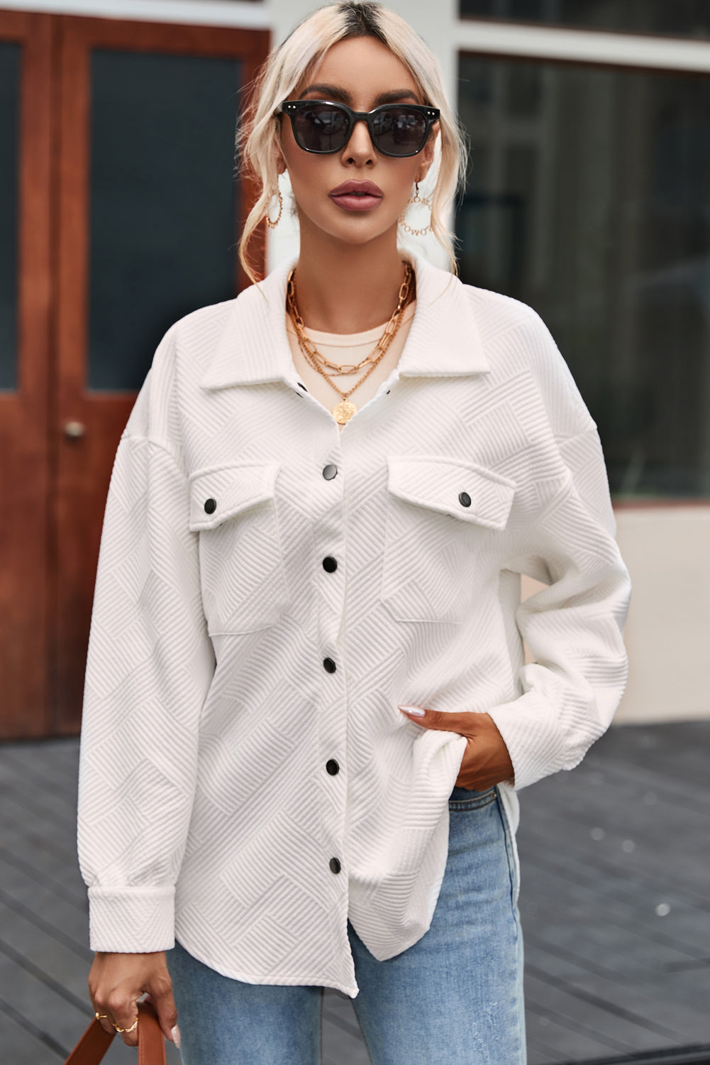 Rosalie Textured Flap Pocket Buttoned Shacket - Gold Cactus