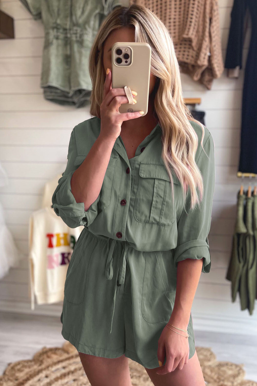 Reese Roll up Sleeve Flap Pockets Drawstring Romper - Gold Cactus
