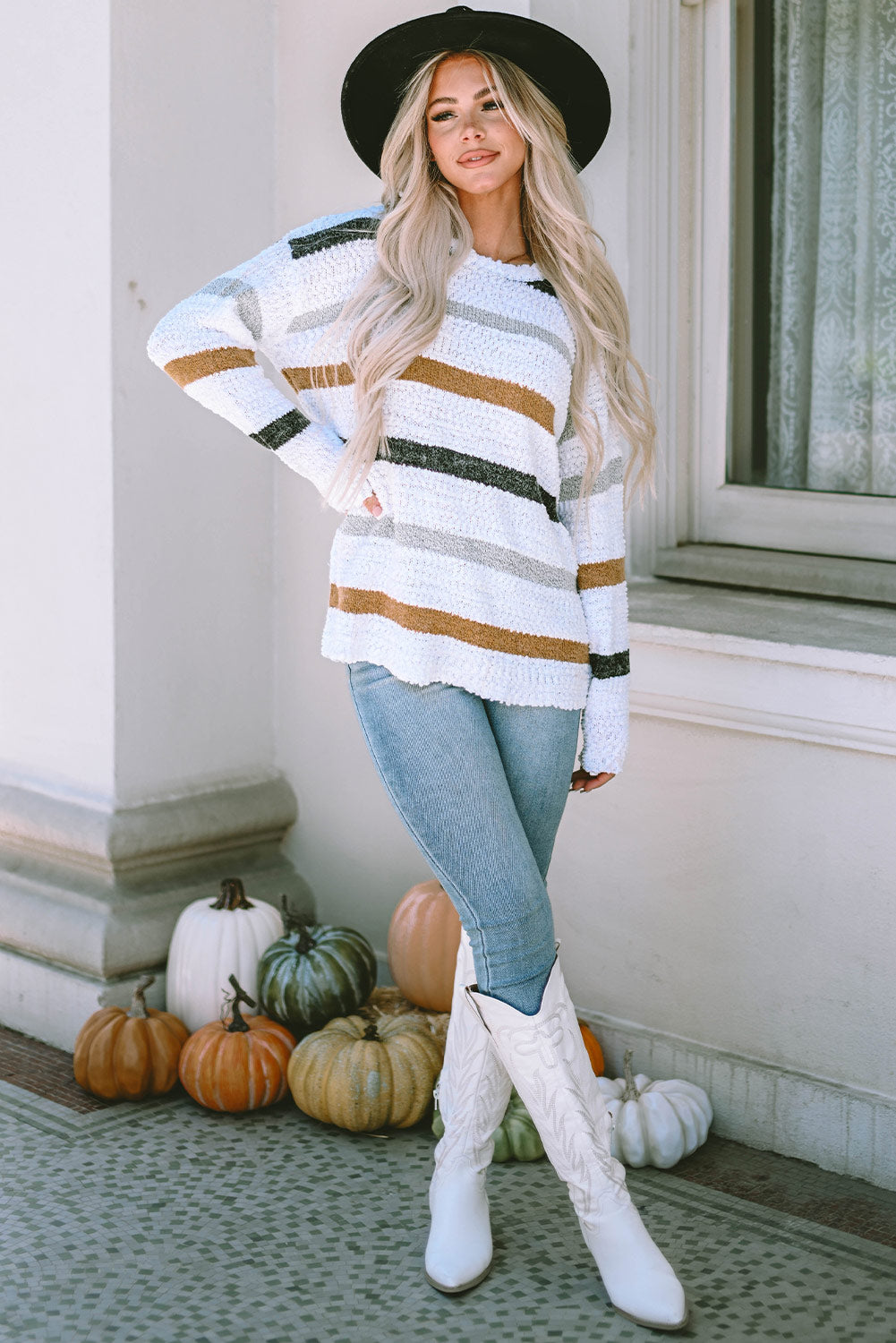 Cora Striped Popcorn Knit Sweater - Gold Cactus